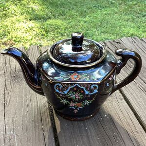Vintage Japan Brown Glazed Floral Ceramic Teapot Hand Painted 8”